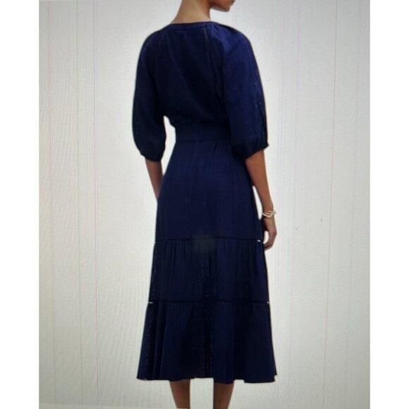 MADEWELL Tie-Waist Tiered Midi Dress Windowpane Navy Blue Button Up Size 8 - Picture 3 of 16